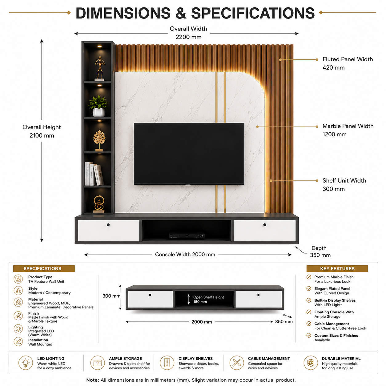 Modern luxury TV wall unit design with flute panel