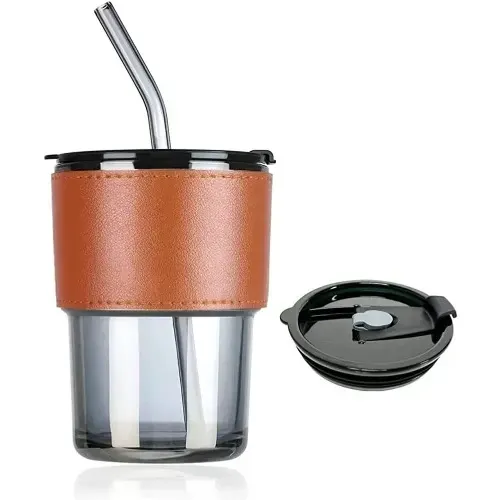 Glass Mug With Leather Sleeve And Glass Straw - 430ml  Home Office Garden | HOG-Home Office Garden | online marketplace
