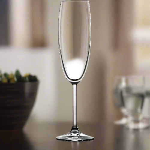 Sidera Stemware Glass (Flute) (6pcs) 220cc. Dining table top, dining room environment, warm lighting