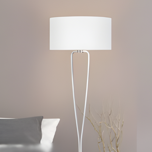 Silver Modern Floor Lamp with White Fabric Drum Shade @HOG - Home, Office, Online Marketplace