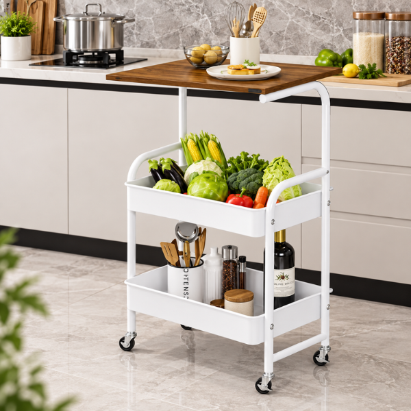 White Three-Layer Metal Rolling Storage Cart