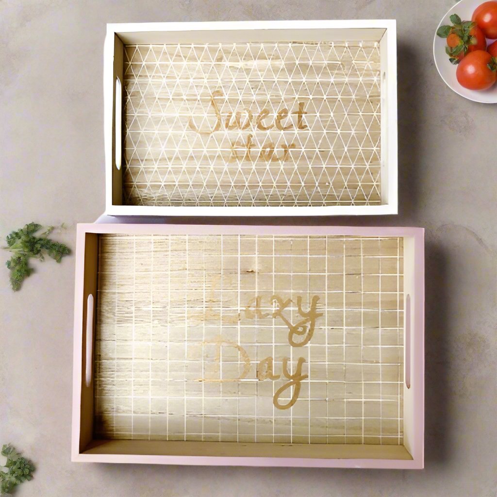 Wooden Serving Tray With Handles - Pink & White - Set Of 2 @ HOG