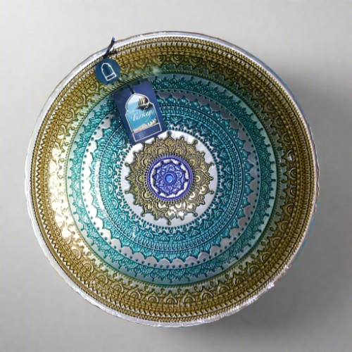 Decorative Turkish Glass Bowl Peacock Blue And Rich Gold