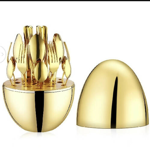 24pscn Luxury Stainless Steel Cutlery with Golden Egg Shape container
