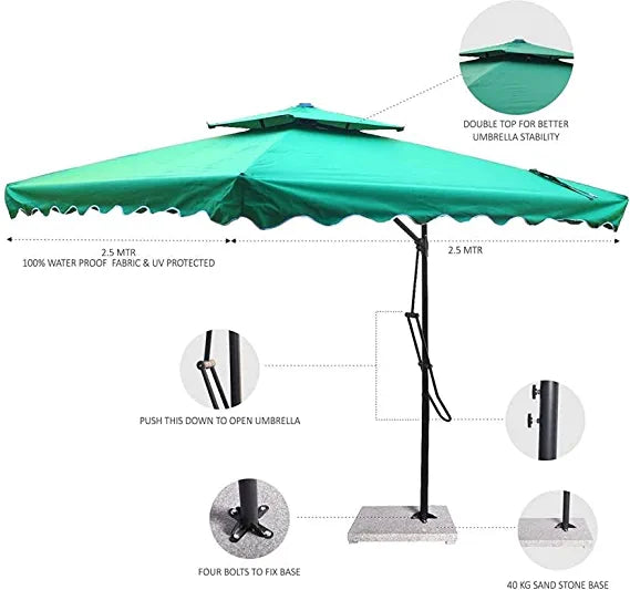 Invezo Impression 2.2 Sq Mtr. Square Garden Umbrella (Green) with Heavy Base. HOG-Home, Office, Garden online marketplace. Buy now pay option with 0% interest rate. Nationwide delivery