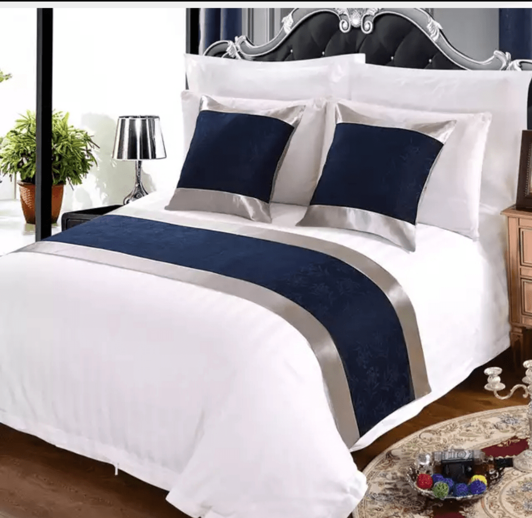 8 snow white 100% America cotton bedding set with (NAVY BLUE) bed runner Home Office Garden | HOG-HomeOfficeGarden | online marketplace
