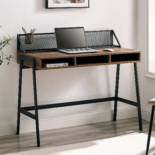 Walker Edison 42" Mesh Black Writing Desk - Dark Walnut Home Office Garden online marketplace.