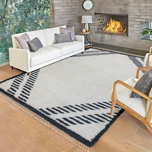 Zurich Shag Rug With Fringe ''Lenola Ivory Charcoal'' - 7ft 10in X 10ft