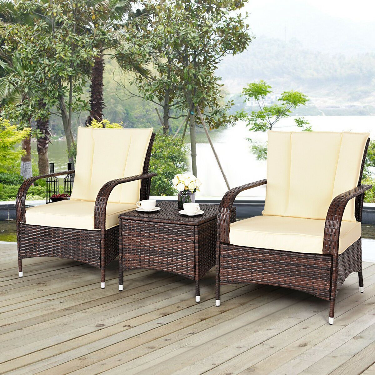 Costway 3PCS Wajen Fatio Rattan Wicker Furniture Saitin