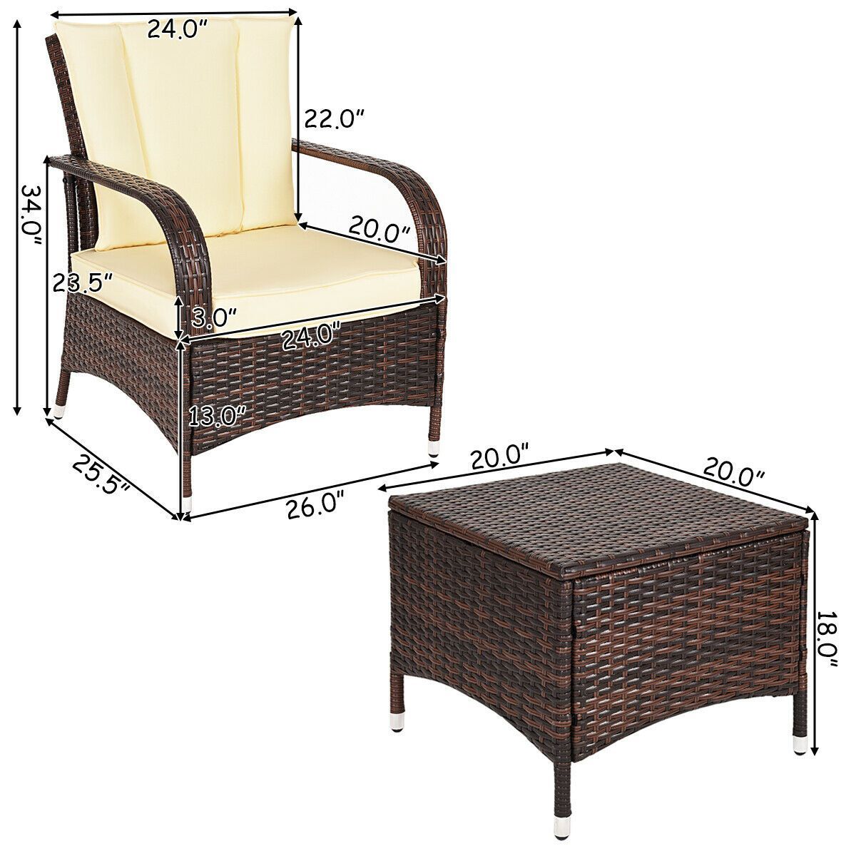 Costway 3PCS Wajen Fatio Rattan Wicker Furniture Saitin