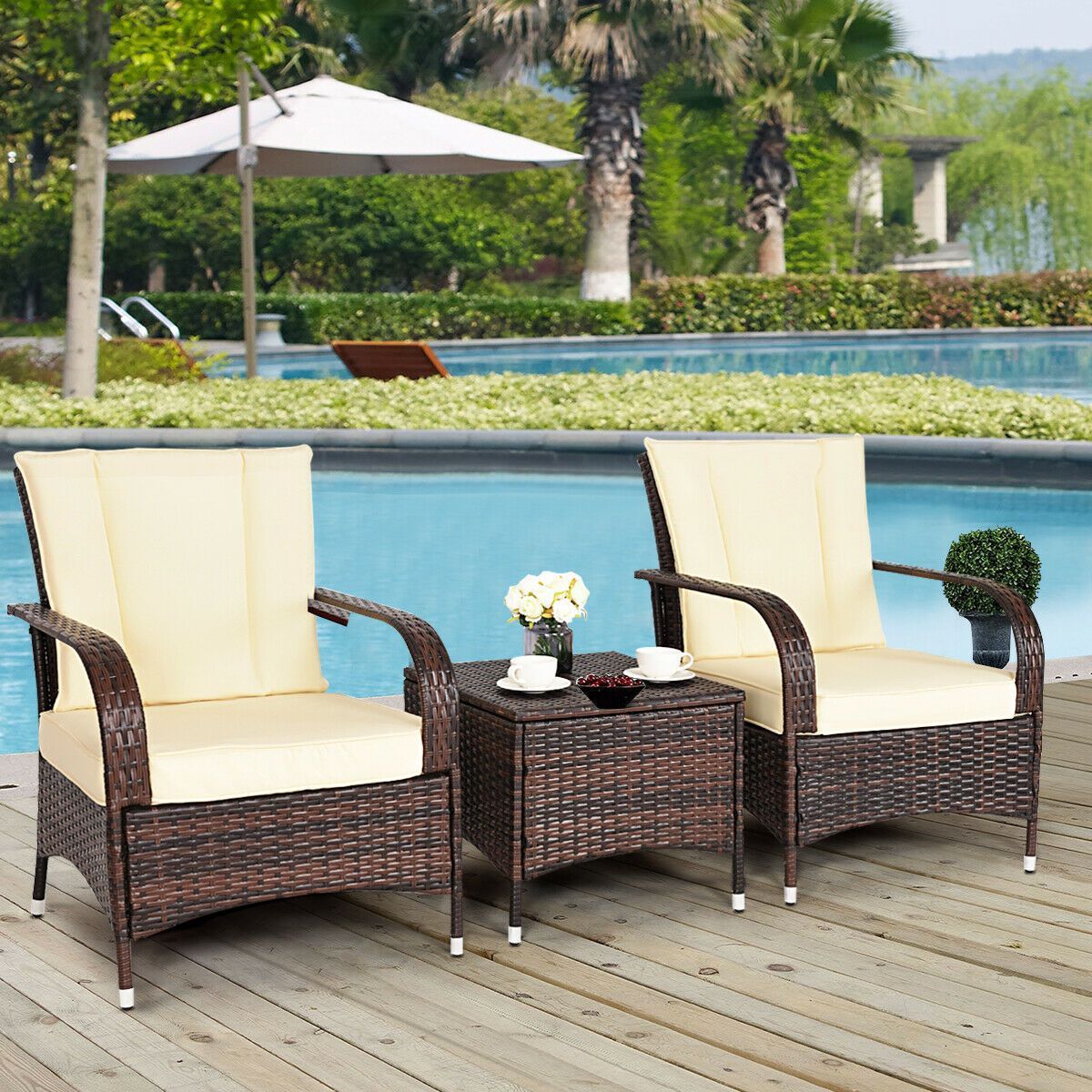 Costway 3PCS Ita gbangba Patio Rattan Wicker Furniture Ṣeto