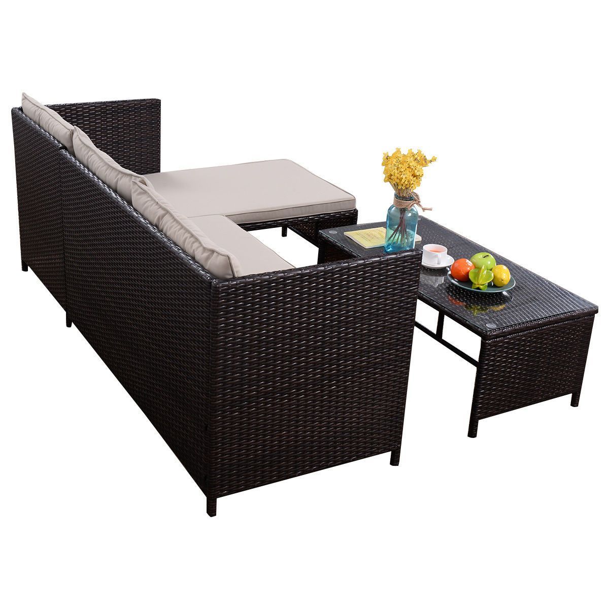 Goplus 3 PCS Rattan rọgbọkú Chaise Cushioned faranda Ṣeto