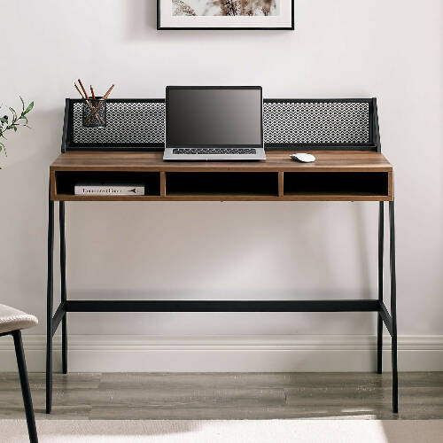 Walker Edison 42" Mesh Black Writing Desk - Dark Walnut Home Office Garden online marketplace.