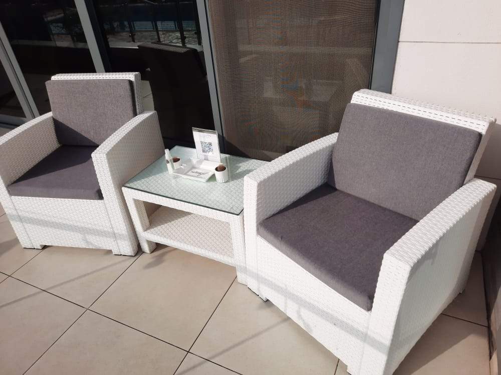 LUGANO 2 Single Lounge Chairs + Cushions + Table (White)