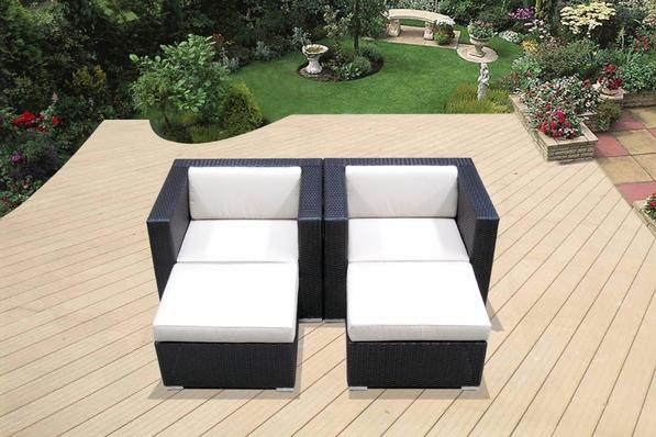 Outdoor Patio Wicker Furniture - Club Chairs with Ottoman - Set of Two
