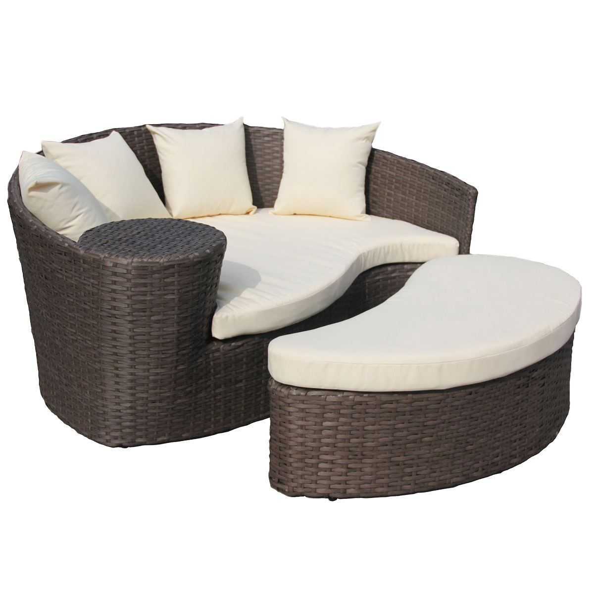 Rattan Curved Day Bed Sofa Footstool Brown