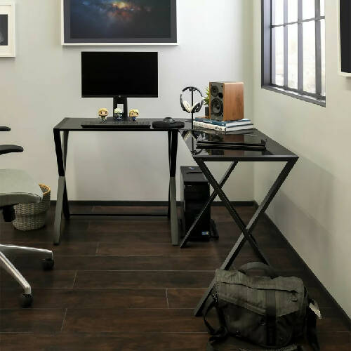 Walker Edison Modern X-Frame Glass & Metal L-Shaped Corner Computer Desk, 51 Inch, Black Home Office Garden furniture online marketplace