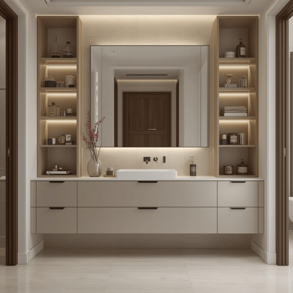 Modern bathroom furniture setup with vanity and storage