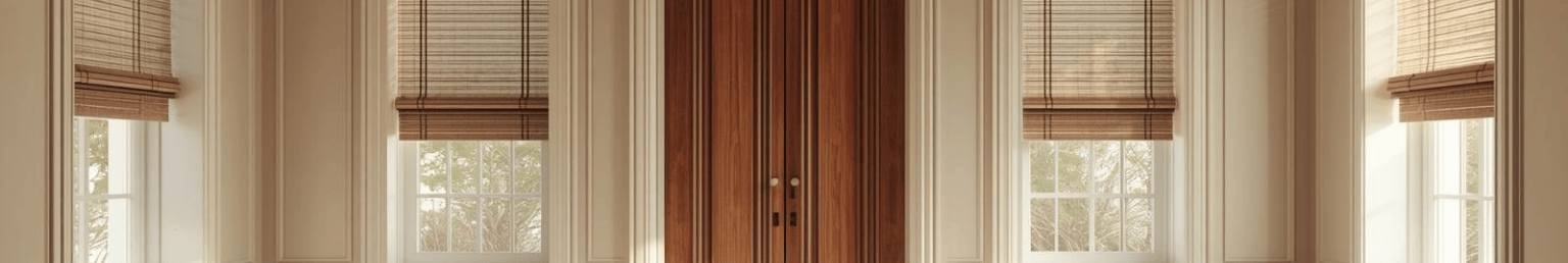 Doors and shades banner with interior door and window treatment