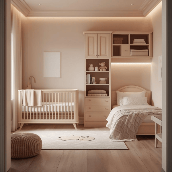 Kids and nursery furniture banner with crib, bed and storage