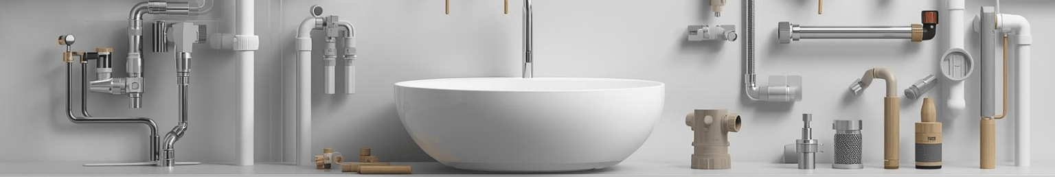 Plumbing supplies banner with faucet, fittings and utility accessories