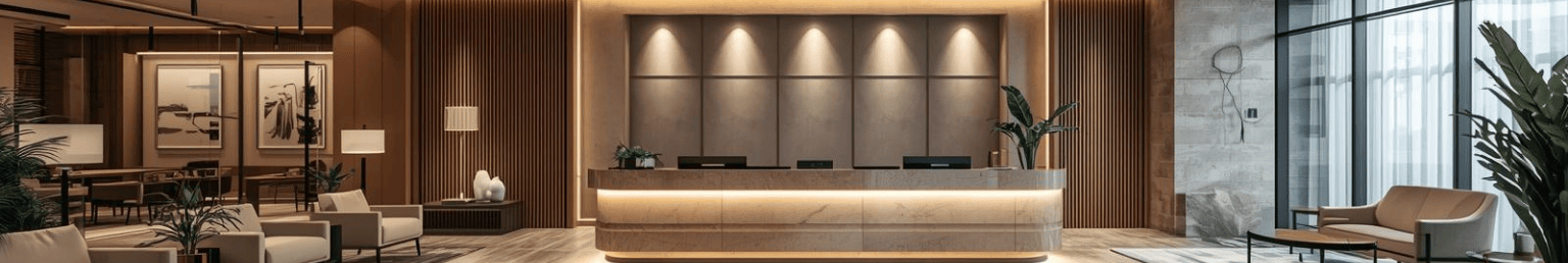 Reception furniture banner with front desk and waiting area seating