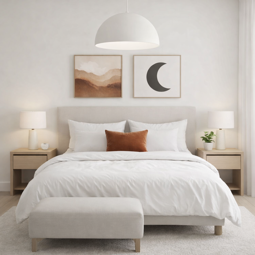 Modern bedroom interior with upholstered bed, bedside tables, soft lighting and neutral decor