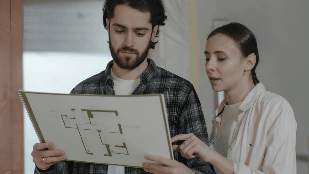 Home renovation budgeting concept showing calculator, house plans, and cost estimation tools for construction planning