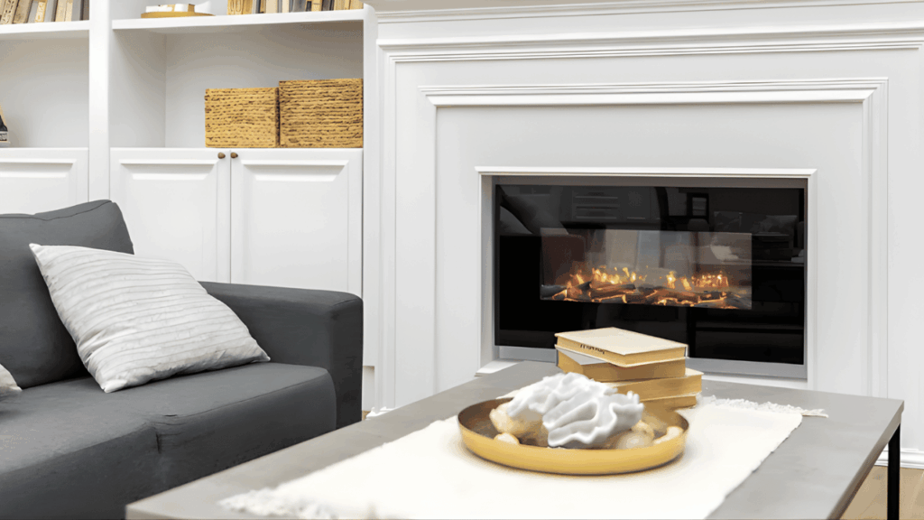 Elegant antique fireplace in a beautifully styled living room, adding warmth and timeless character to the home interior.