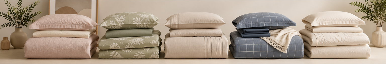 Modern bedding sets display featuring neatly arranged neutral bed linens and decorative greenery for stylish bedroom interiors