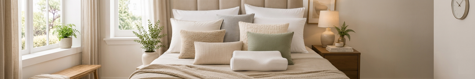 Modern pillows and bedroom comfort accessories arranged on a cozy neutral-toned bed in a contemporary bedroom interior
