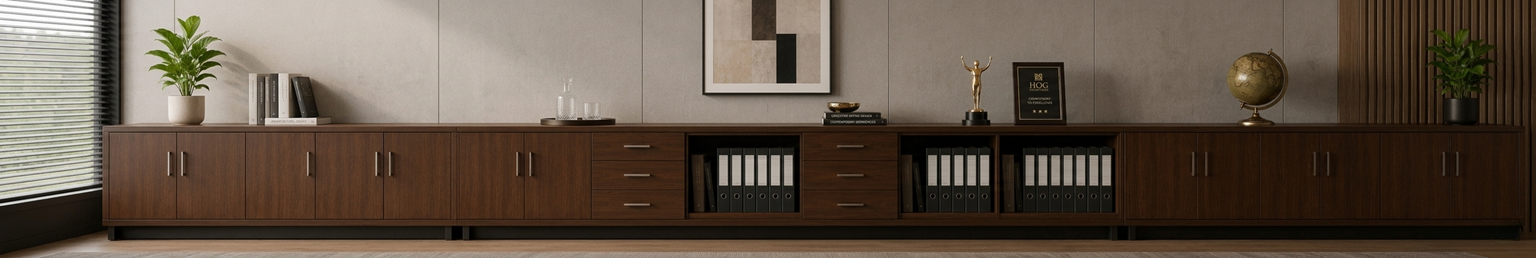 Executive office credenza with storage drawers, cabinets, document organization, decorative accessories, and premium workspace styling