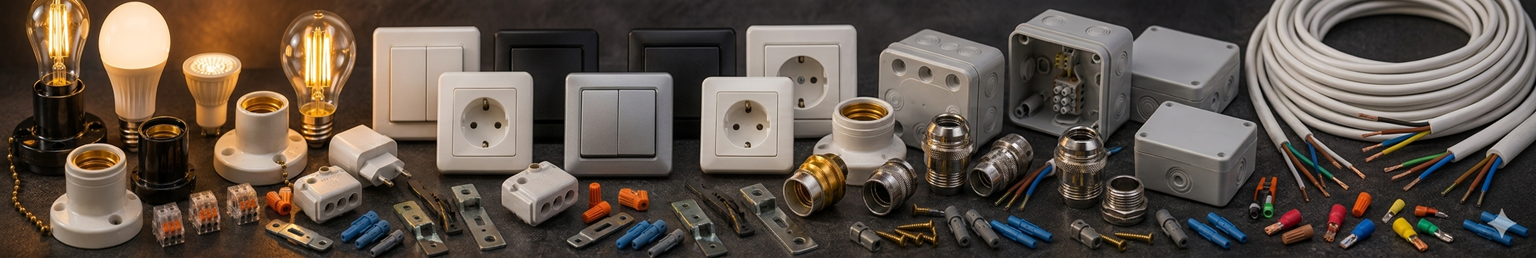Modern electrical components, LED bulbs, sockets, switches, and lighting hardware arranged with warm ambient illumination