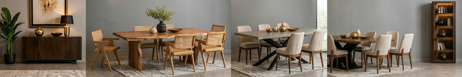 Luxury modern dining table and upholstered chairs in an elegant warm contemporary dining room interior