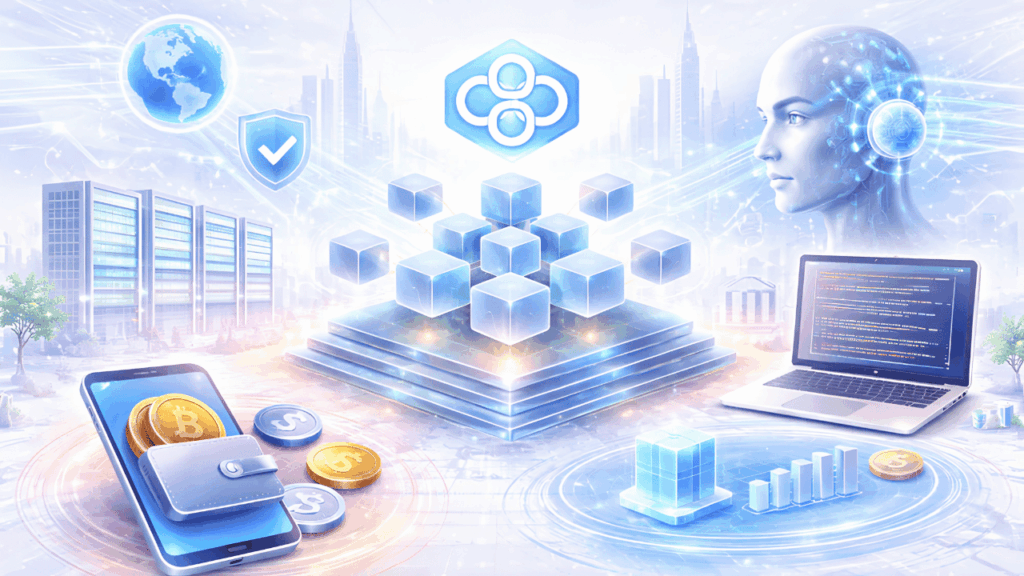Futuristic fintech concept illustration showing digital finance innovation, smart technology systems, and data-driven financial growth solutions.