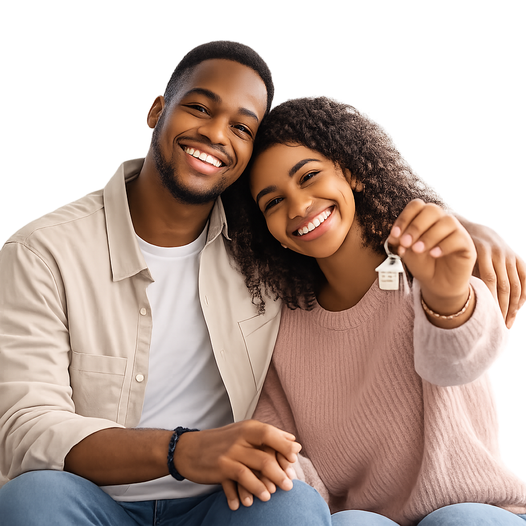 Smiling Nigerian couple holding house keys for HOG Registry wedding and housewarming gift program
