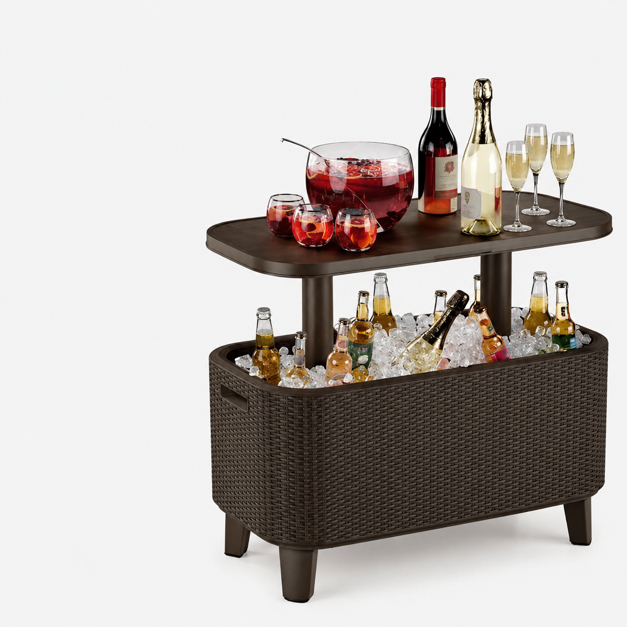Modern outdoor bar table and cooler combo with integrated ice storage and beverage serving station.