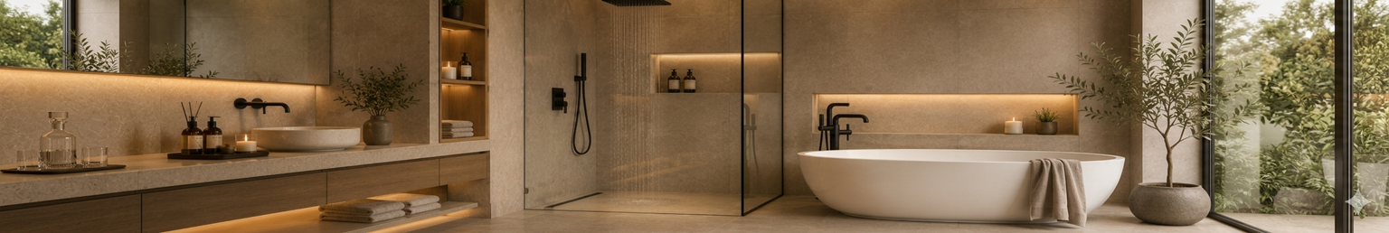 Modern freestanding bathtub and luxury walk-in shower in a warm contemporary spa-inspired bathroom interior