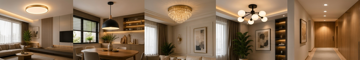 Modern ceiling lights collection featuring chandeliers, pendant lamps, recessed lighting, and contemporary ceiling fixtures in elegant interiors