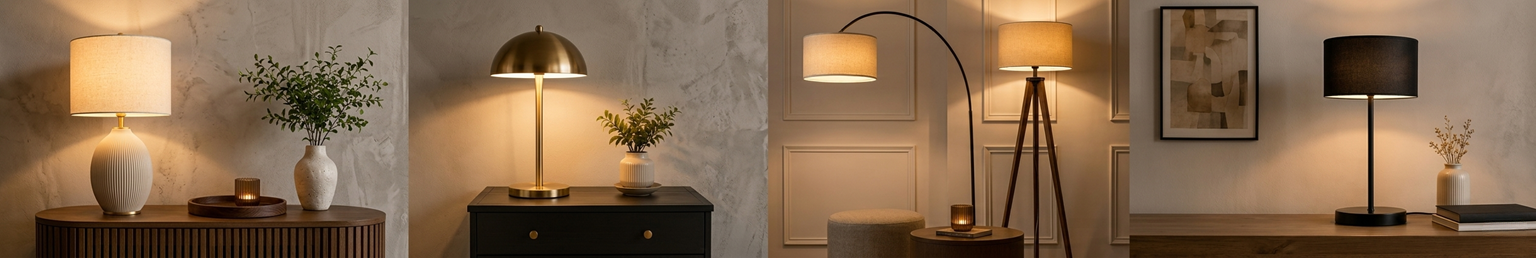 Modern table lamps and floor lamps arranged across elegant contemporary interiors with warm ambient lighting and minimalist décor