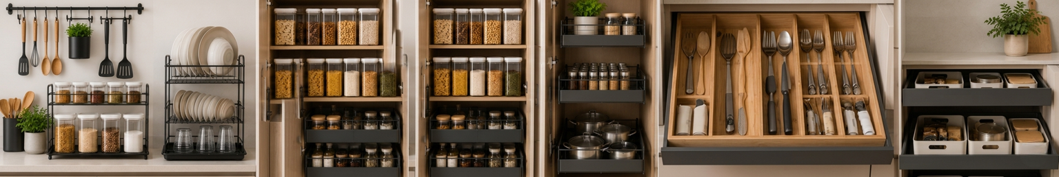 Modern kitchen storage and organization solutions featuring pantry containers, drawer organizers, spice racks, dish storage, and modular kitchen accessories