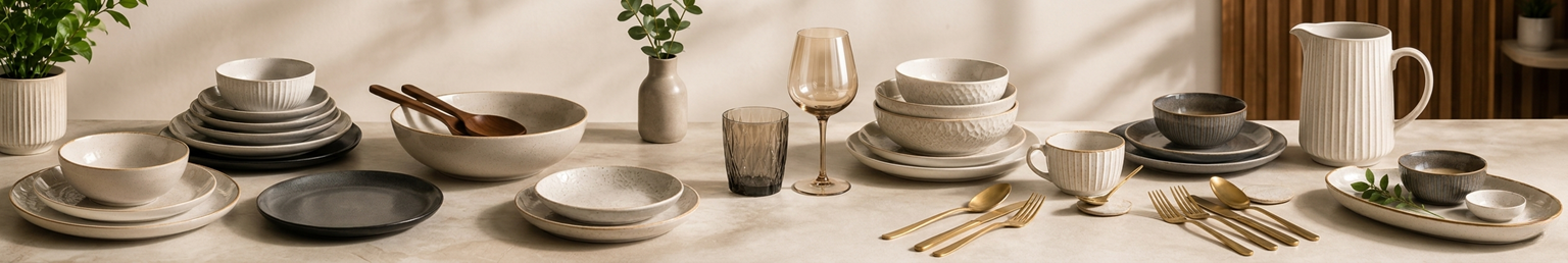Elegant tableware and serveware collection arranged across a modern dining countertop with plates, bowls, glassware, mugs, and serving accessories