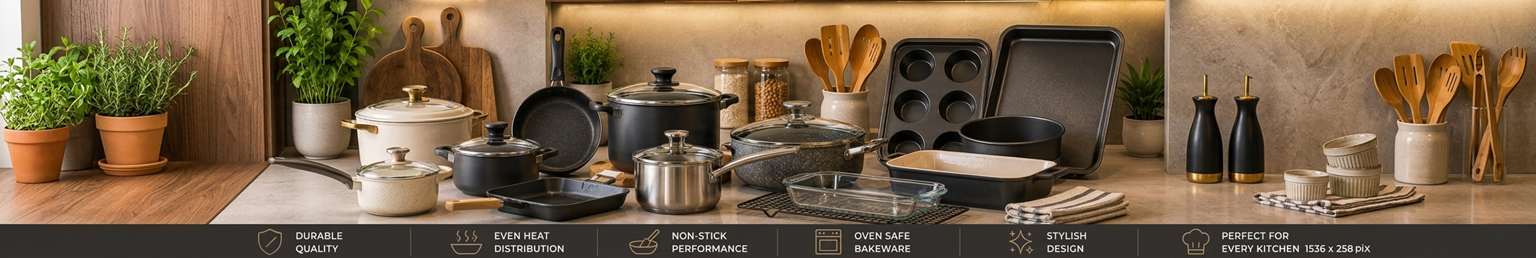 Modern cookware and bakeware collection arranged across a luxury contemporary kitchen countertop with warm ambient lighting