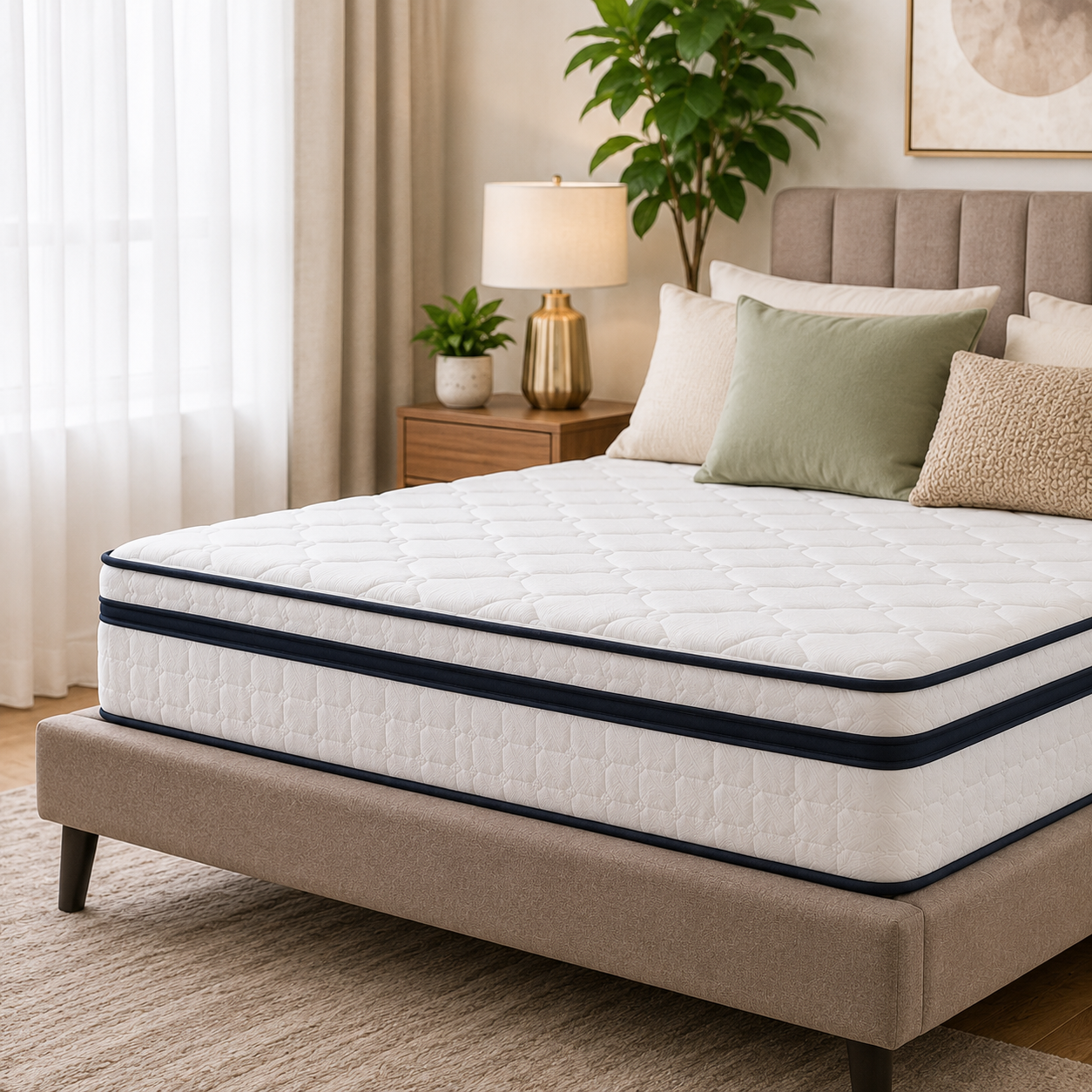 Modern luxury mattress bedroom banner for HOG Furniture featuring premium orthopedic mattress in a contemporary bedroom interior