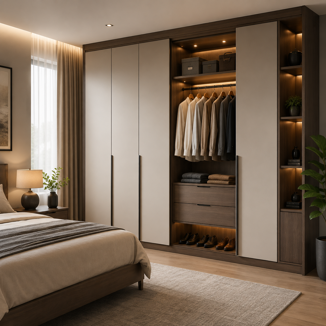 Modern wooden wardrobe with sliding doors open storage shelves and contemporary bedroom styling