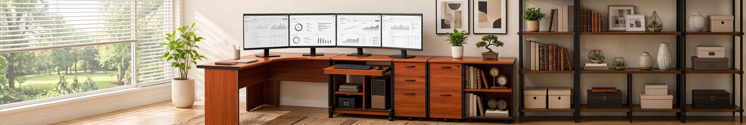 Modern rolling computer desk with keyboard tray and storage shelves in a minimalist home office workspace