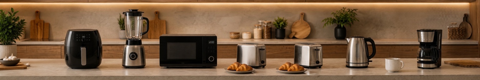 Modern kitchen appliances including microwave, blender, air fryer, toaster, coffee maker, and electric kettle displayed on a luxury contemporary kitchen countertop