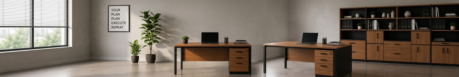 Modern standard office desk in a minimalist workspace with wooden finish, storage drawers, and indoor greenery