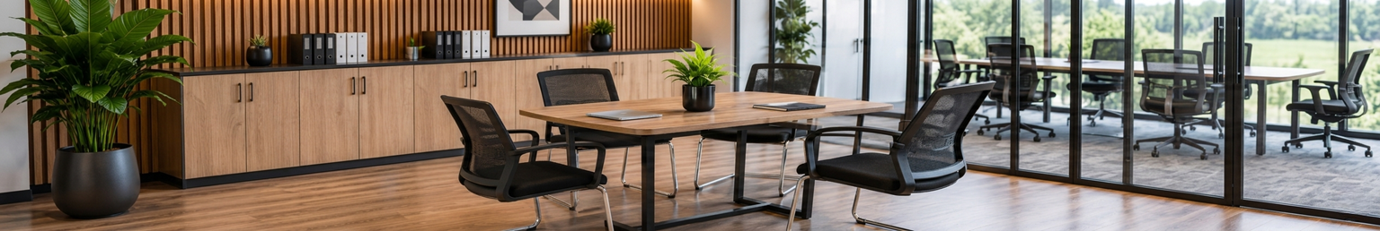 Modern office meeting table with collaborative seating, professional workspace furniture, and contemporary meeting room design