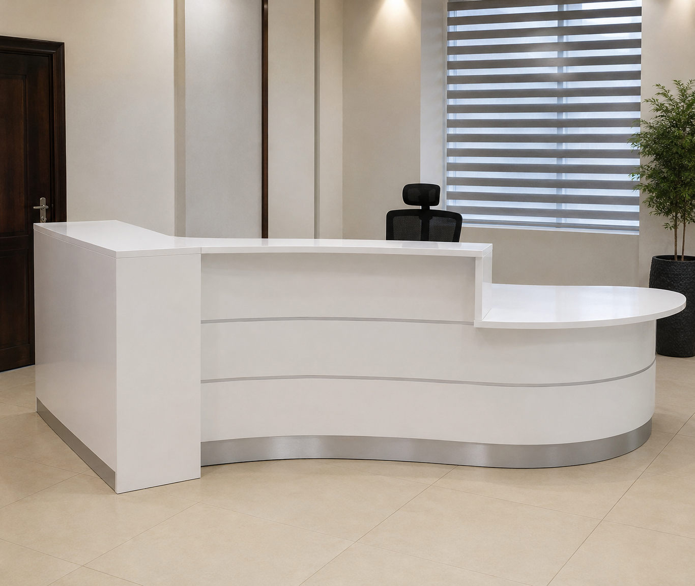 Modern curved white office reception desk in a contemporary commercial interior space